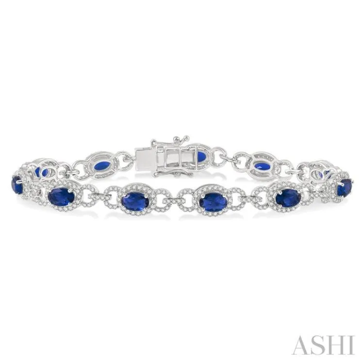 1 3/4 Ctw Round Cut Diamond & 6x4MM Oval Cut Sapphire Precious Bracelet in 14K White Gold