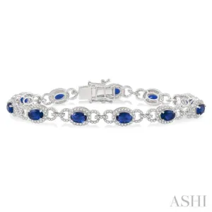 1 3/4 Ctw Round Cut Diamond & 6x4MM Oval Cut Sapphire Precious Bracelet in 14K White Gold