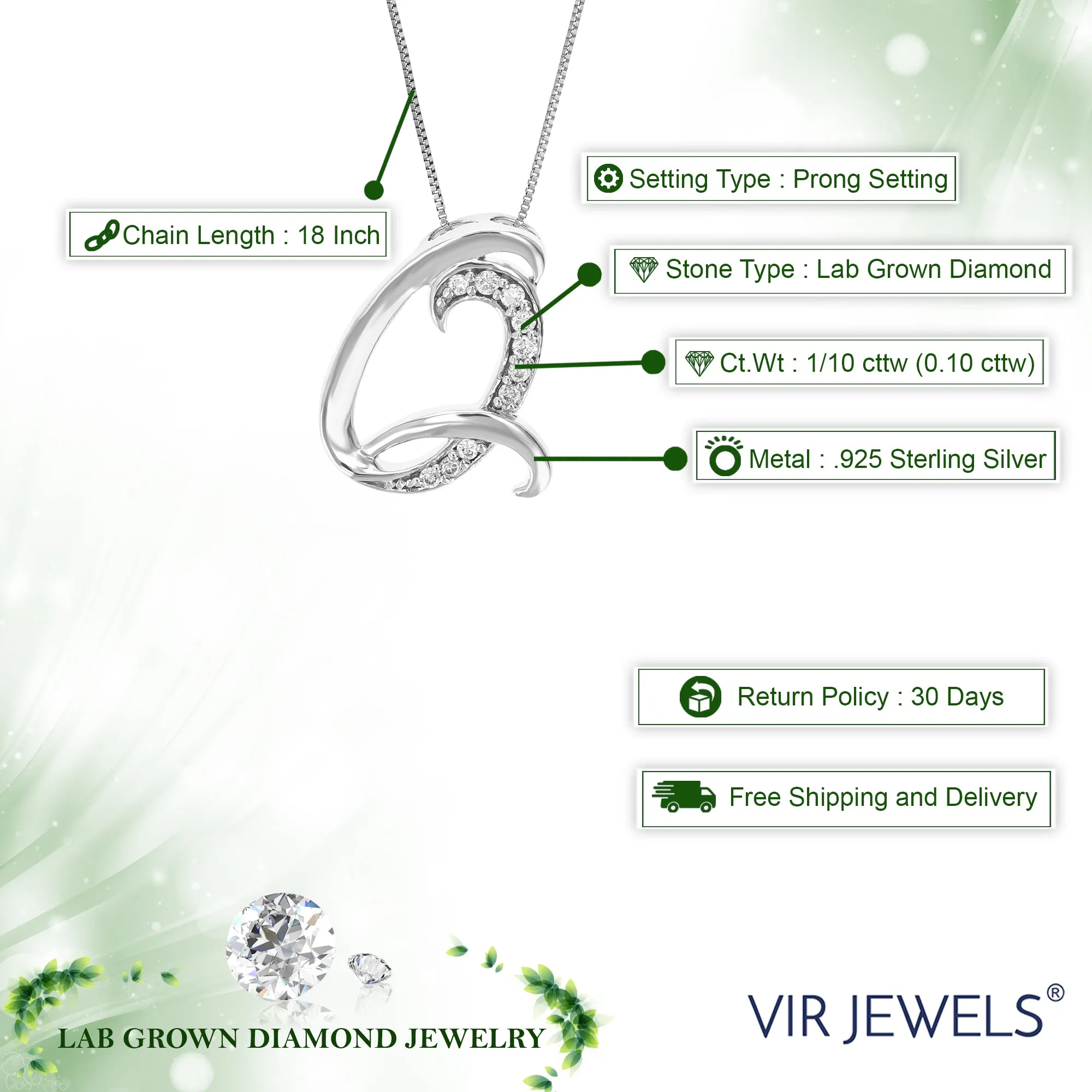 1/10 cttw Round Cut 10 Stones Lab Grown Diamond Pendant Necklace .925 Sterling Silver 2/5 Inch With 18 Inch Chain