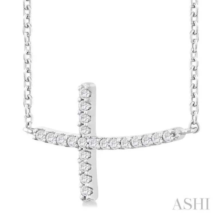 1/10 Ctw Petite Sideways Cross Round Cut Diamond Fashion Pendant With Chain in 10K White Gold