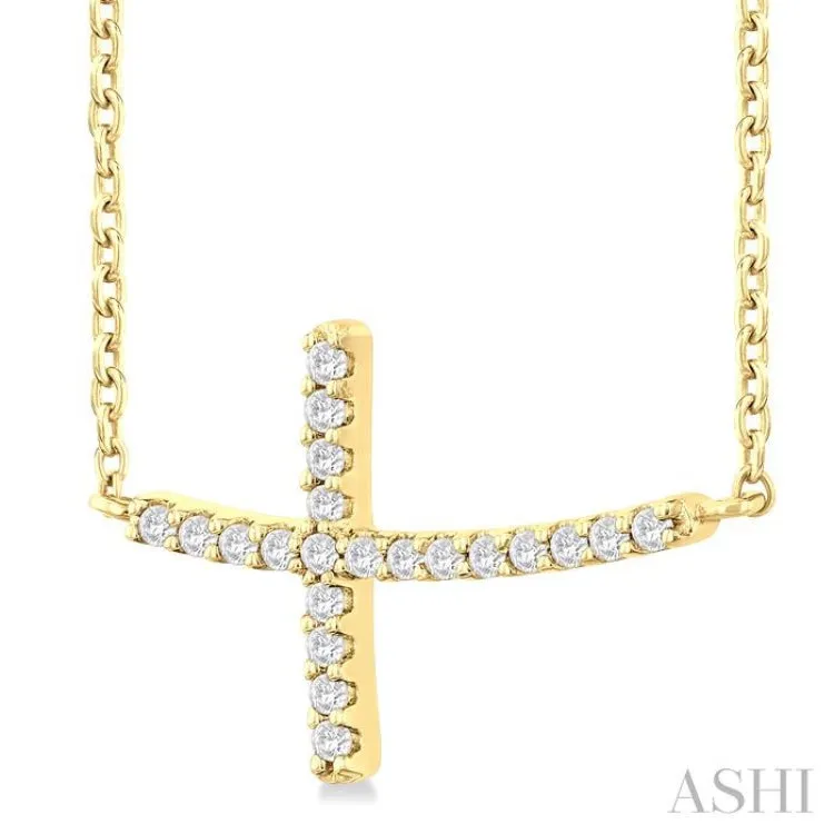 1/10 Ctw Petite Sideways Cross Round Cut Diamond Fashion Pendant With Chain in 10K Yellow Gold