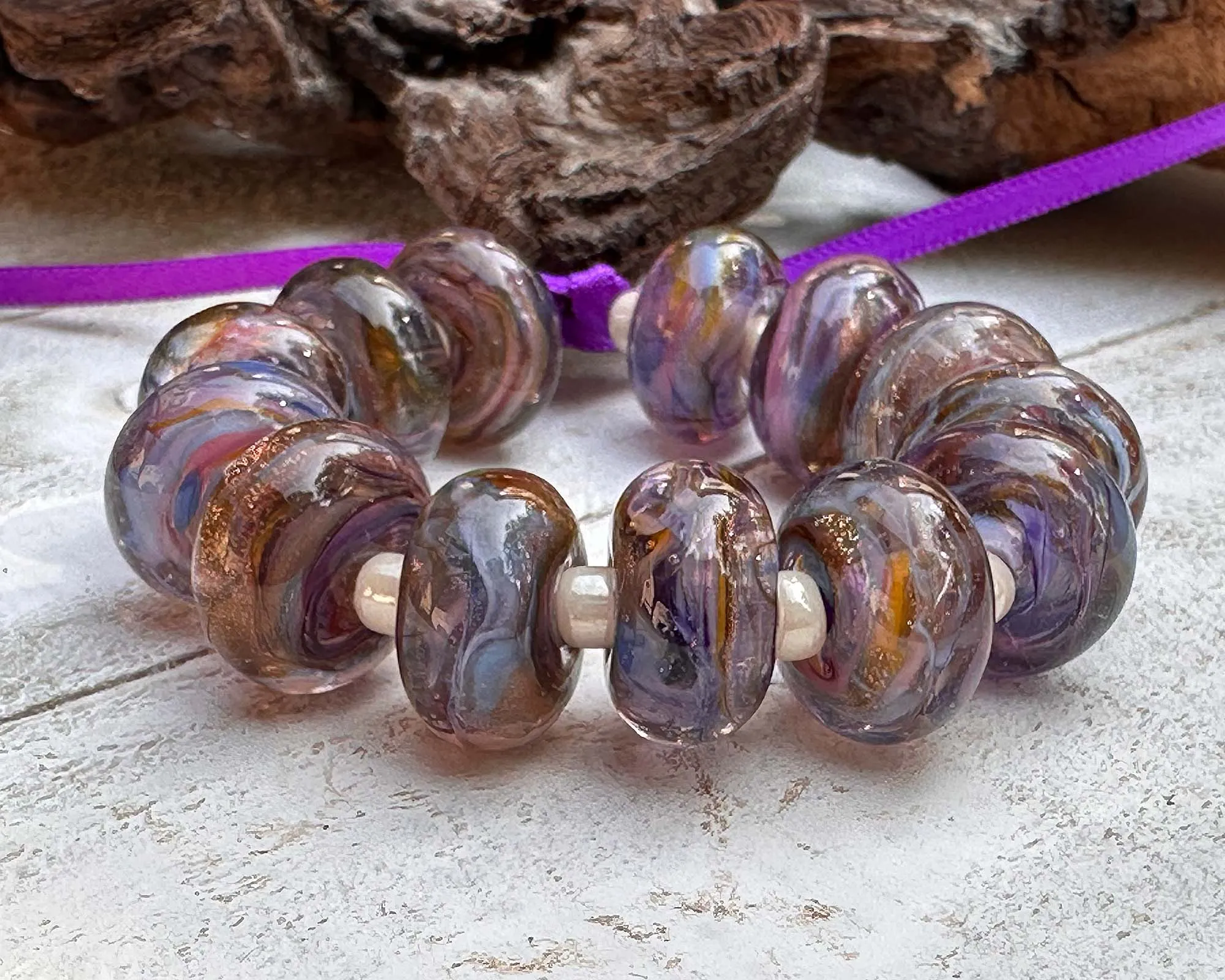 13 Purple Blue Swirl Lampwork Beads Set SRA