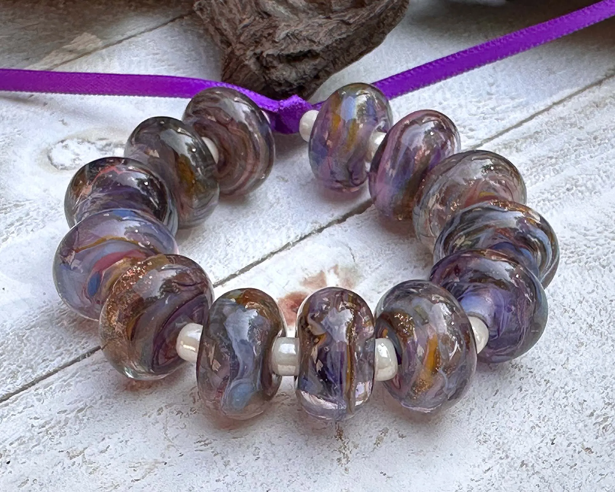 13 Purple Blue Swirl Lampwork Beads Set SRA