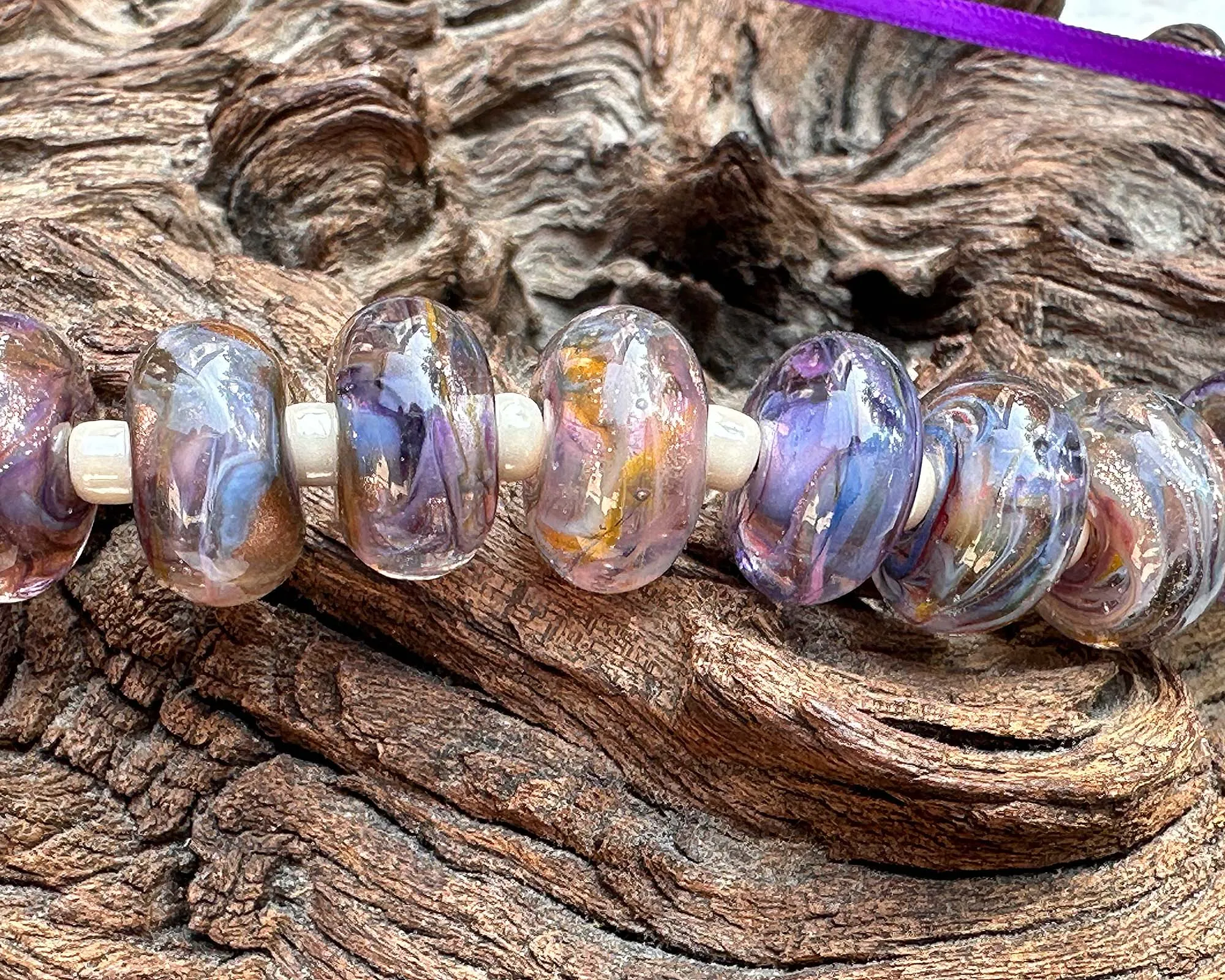 13 Purple Blue Swirl Lampwork Beads Set SRA