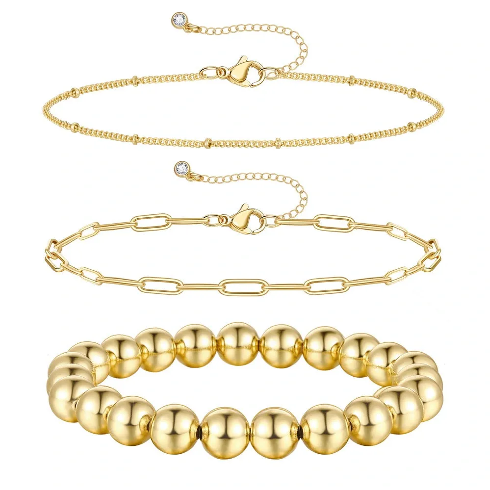 14K Gold Layered Stretchable Elastic Beaded Ball Bracelets Sets-3Pcs