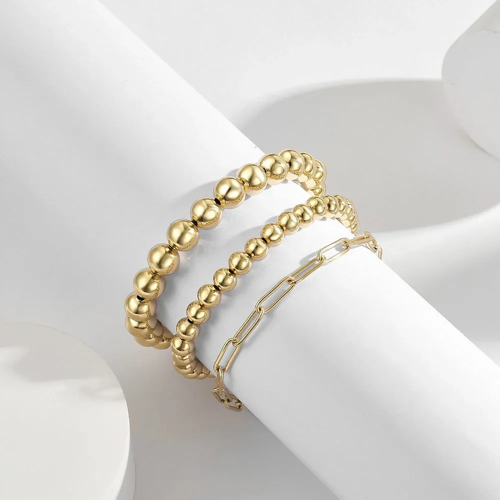 14K Gold Plated Stretchable Elastic Beaded Ball Bracelets with Paperclip Link