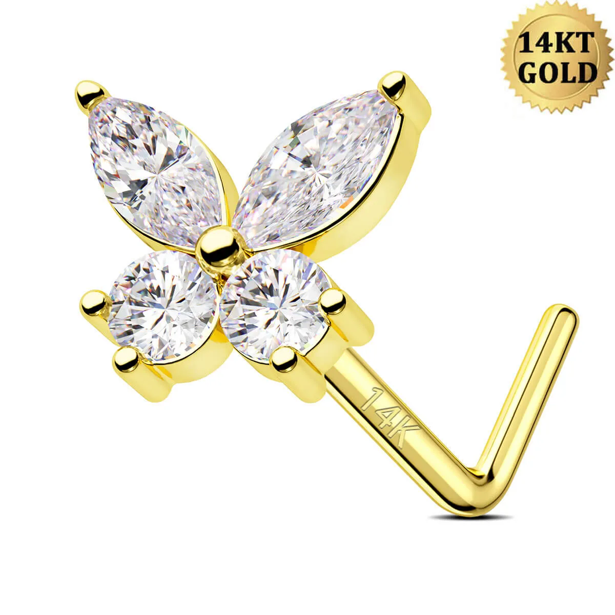 14K Solid Gold 20G Clear CZ Butterfly Top L-Shape Nose Stud