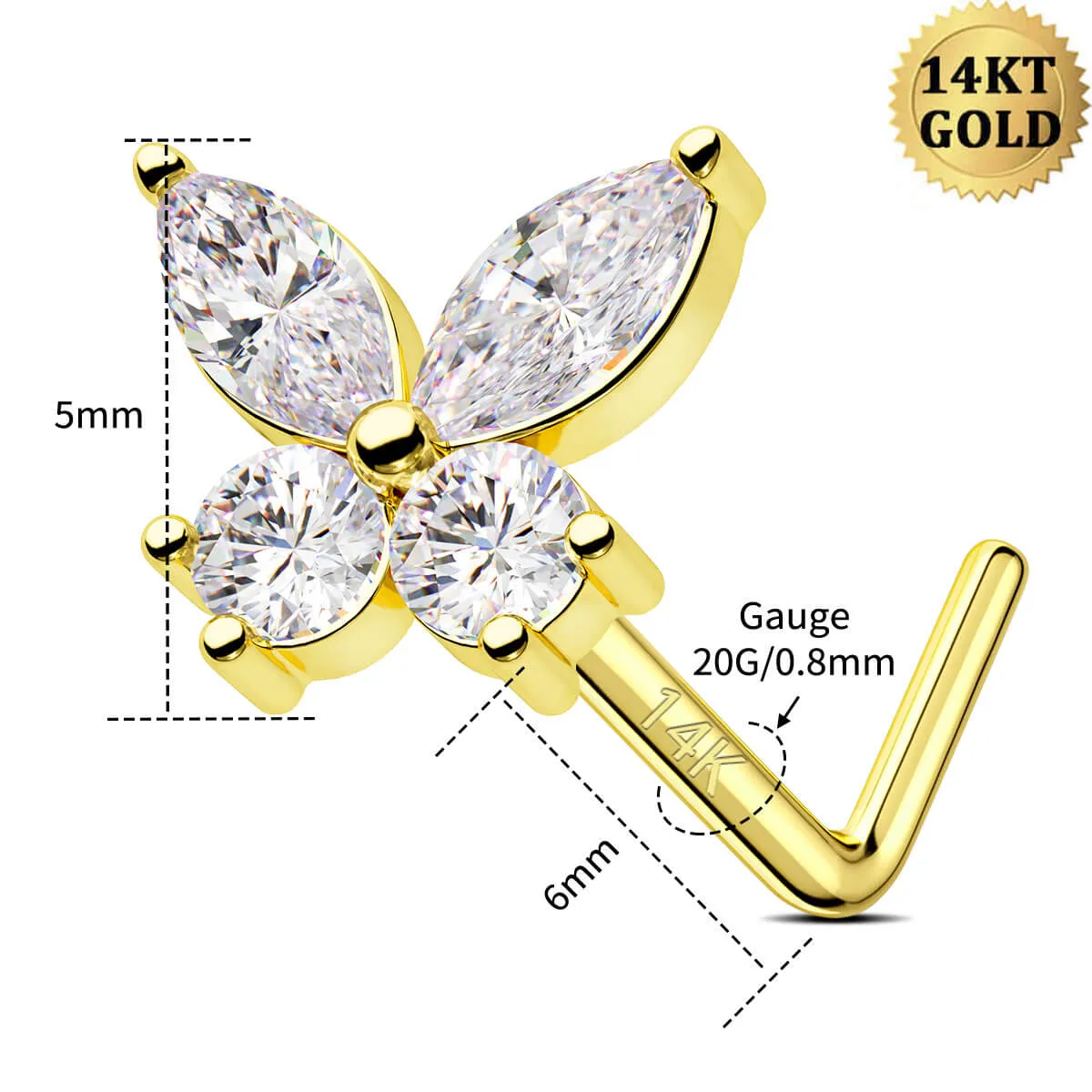 14K Solid Gold 20G Clear CZ Butterfly Top L-Shape Nose Stud