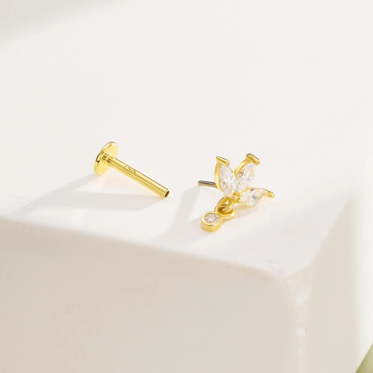 14K Solid Gold Lotus Clear CZ Top Helix Earring Nose Stud