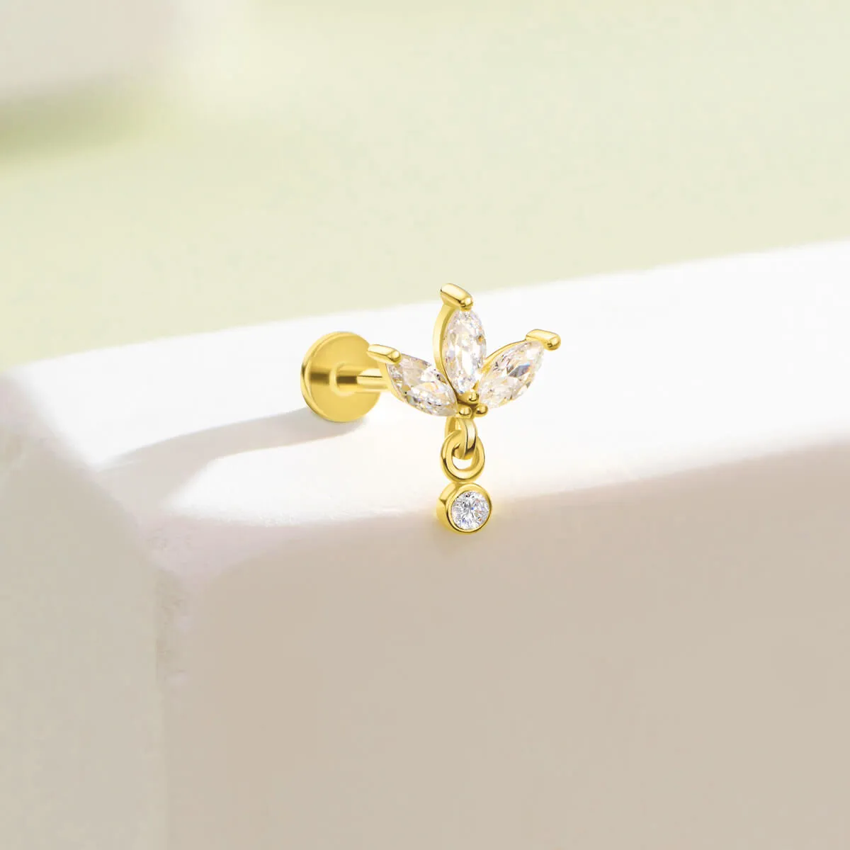 14K Solid Gold Lotus Clear CZ Top Helix Earring Nose Stud