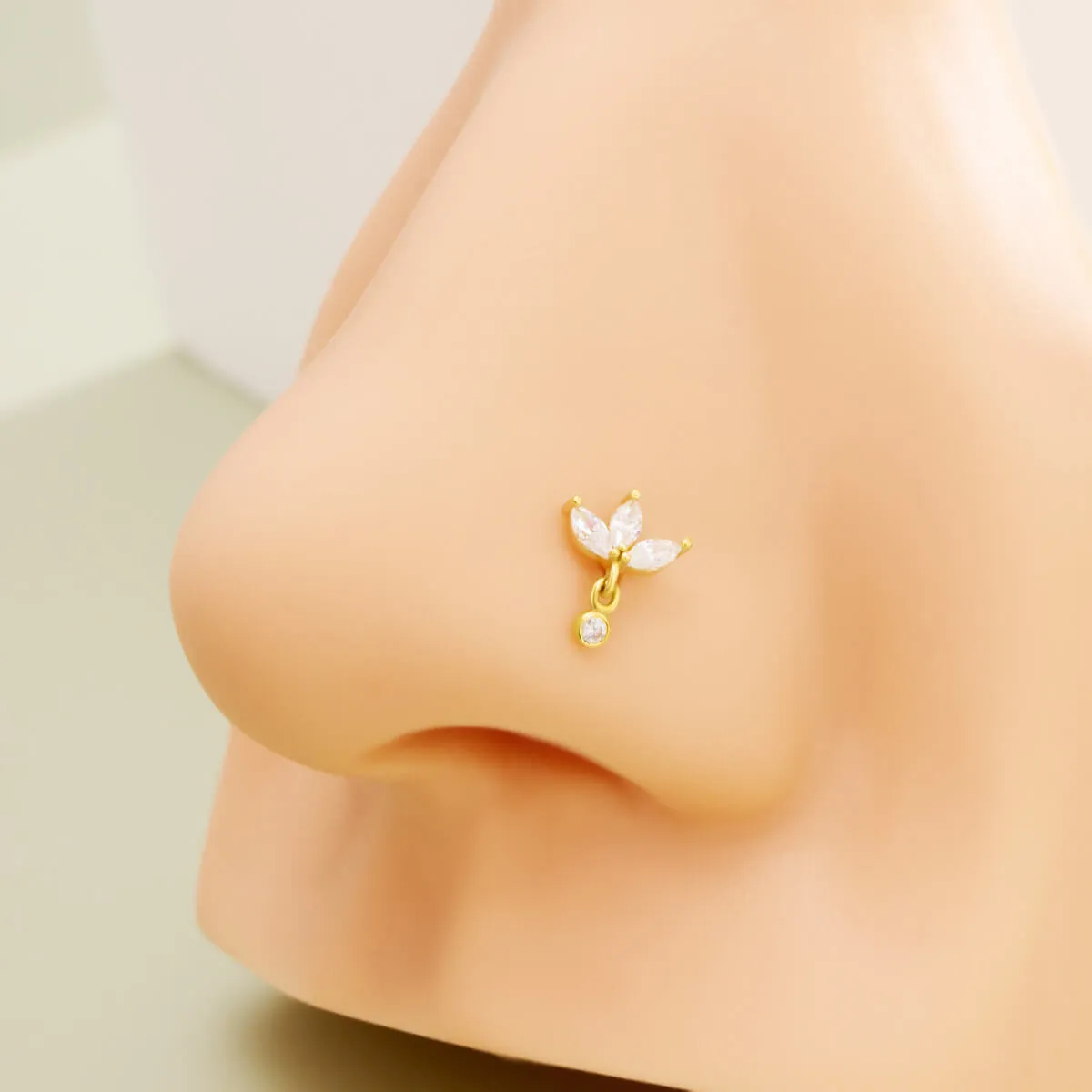 14K Solid Gold Lotus Clear CZ Top Helix Earring Nose Stud