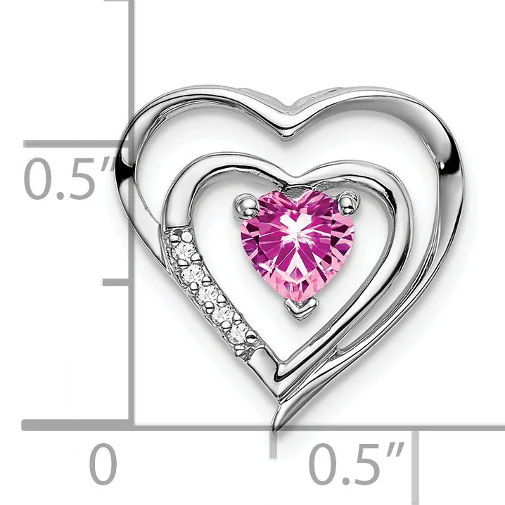 14k White Gold Created Pink Sapphire Diamond Heart Pendant