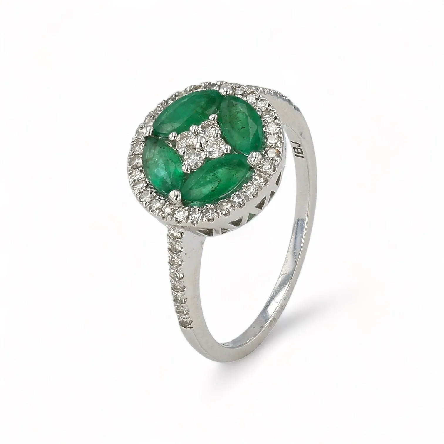 14k White  gold green emerald  diamonds accents clover ring-22697