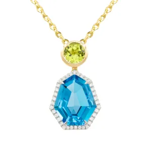 14K Yellow & White Blue Topaz, Peridot and Natural Diamond 18 inch Necklace