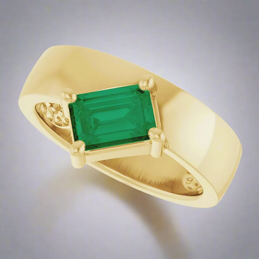 14K Yellow Gold Lab-Grown Emerald Asymmetric Solitaire Ring