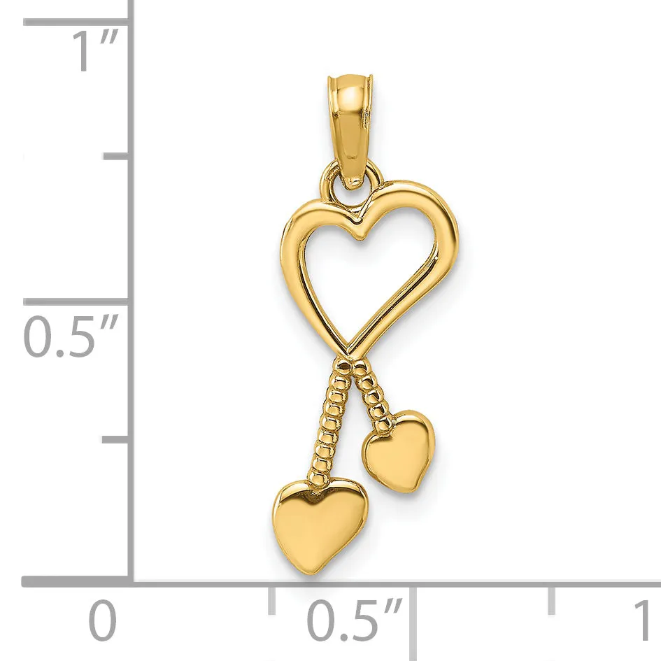 14k Yellow Gold Polished Heart Double Heart Tassle Charm