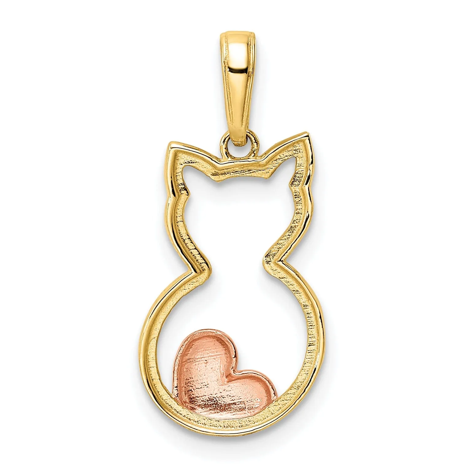 14k Yellow  Gold White and Rose Rhodium Solid Open Back Polished Diamond Cut Finish Cat with Heart Design Charm Pendant