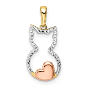 14k Yellow  Gold White and Rose Rhodium Solid Open Back Polished Diamond Cut Finish Cat with Heart Design Charm Pendant