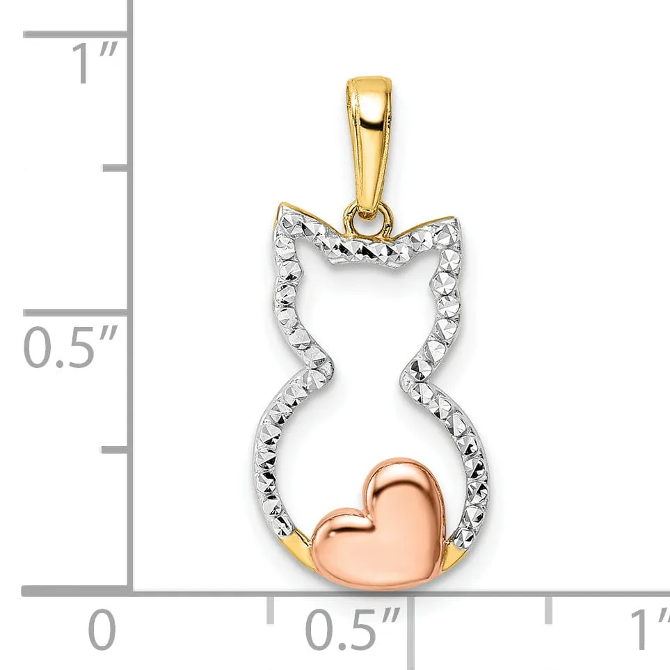 14k Yellow  Gold White and Rose Rhodium Solid Open Back Polished Diamond Cut Finish Cat with Heart Design Charm Pendant