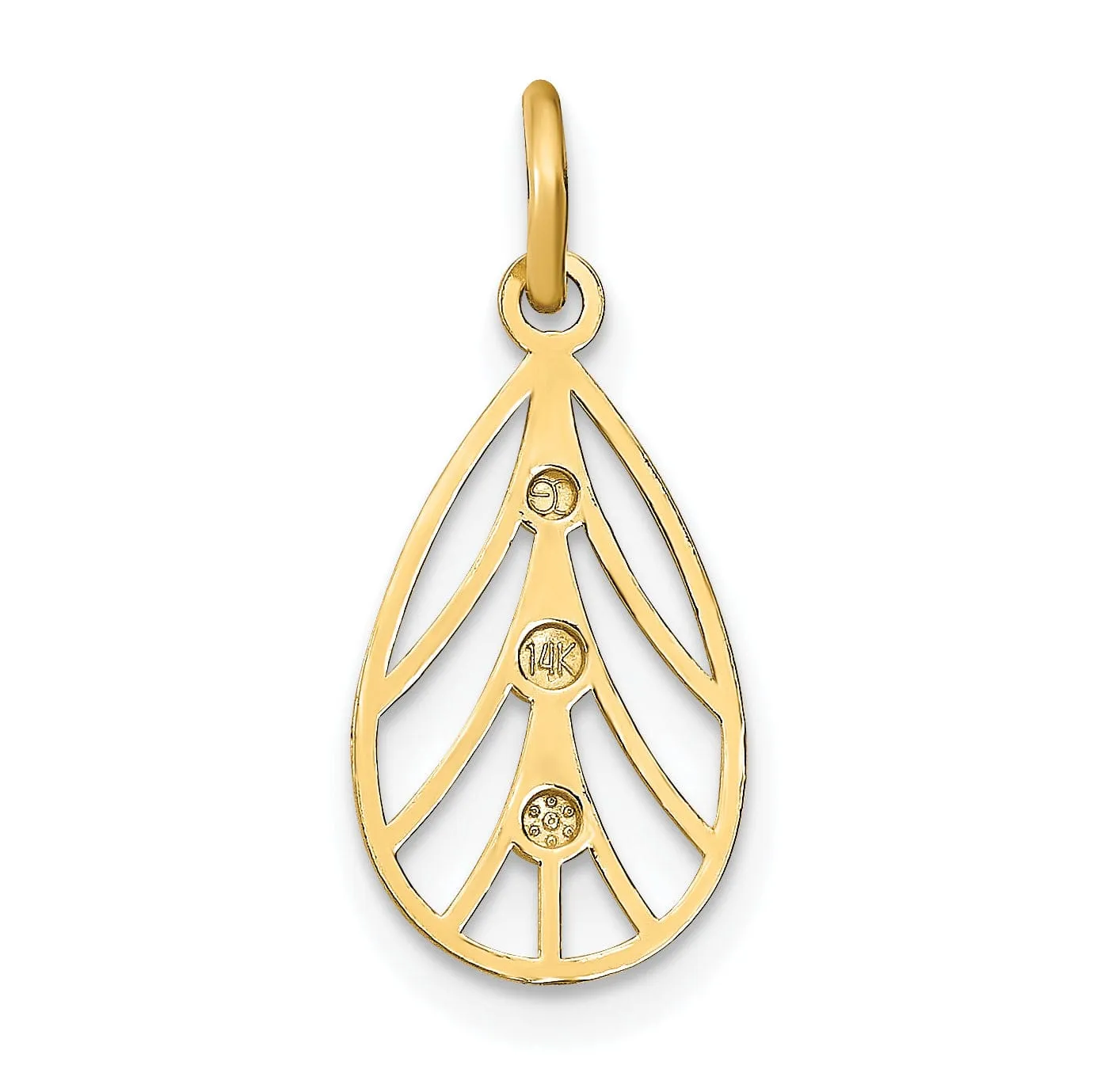 14K Yellow Gold, White Rhodium Polished Diamond Cut Finish Filigree Small Teardrop Design Pendant