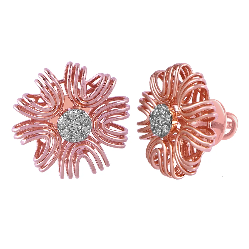 14KT (585) Rose Gold & Diamond Intricate Floral Stud Earrings