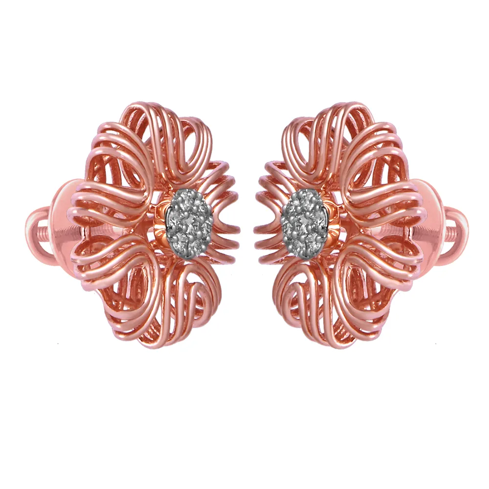 14KT (585) Rose Gold & Diamond Intricate Floral Stud Earrings