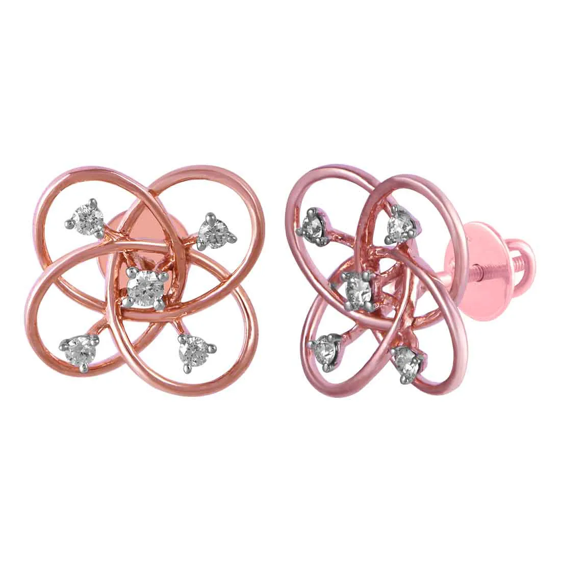 14KT (585) Rose Gold & Diamond Unique Intertwined Design Stud Earrings