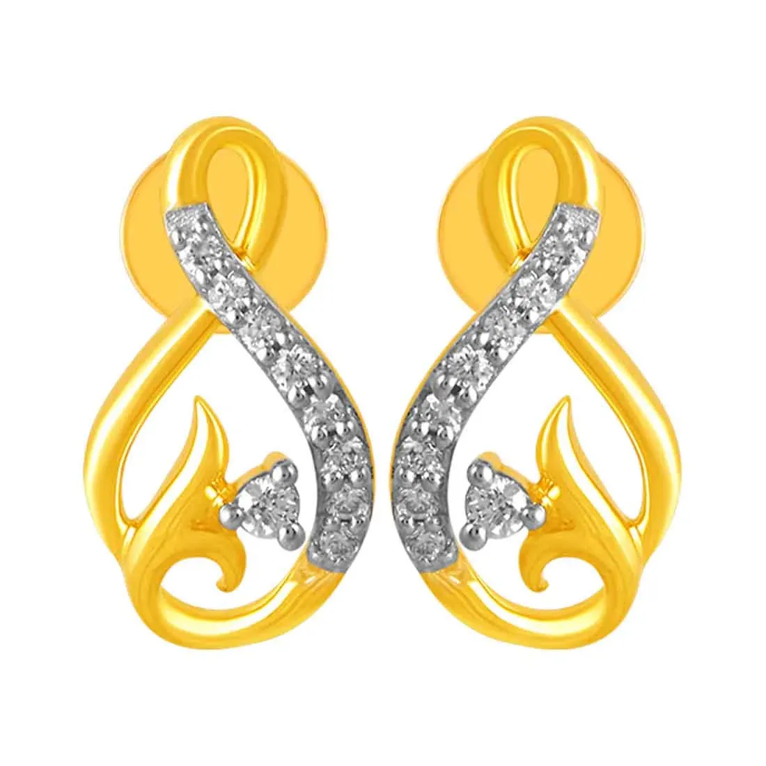 14KT (585) Yellow Gold & Diamond Gorgeous Curved Structures Stud Earrings