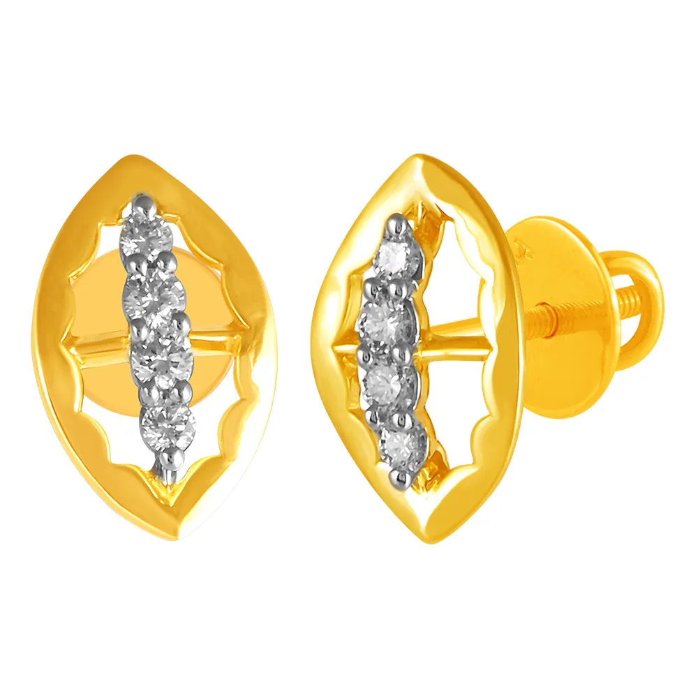 14KT (585) Yellow Gold & Diamond Leaf Shaped Stud Earrings