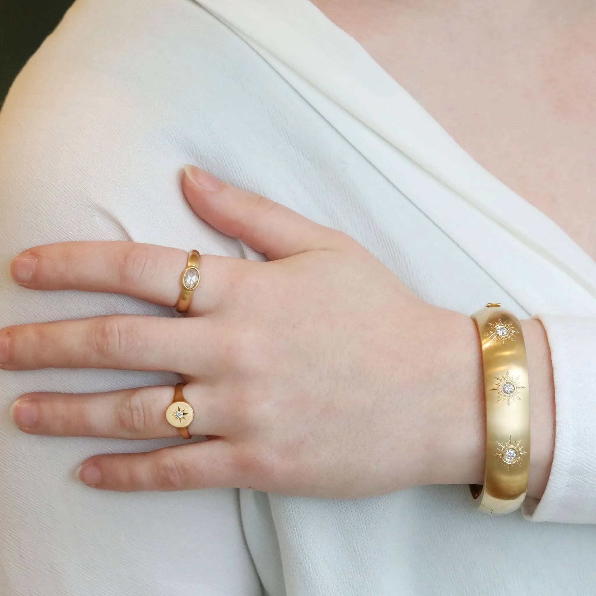 18K Gold Bombe Hinge Bracelet with Six Sunburst Diamonds