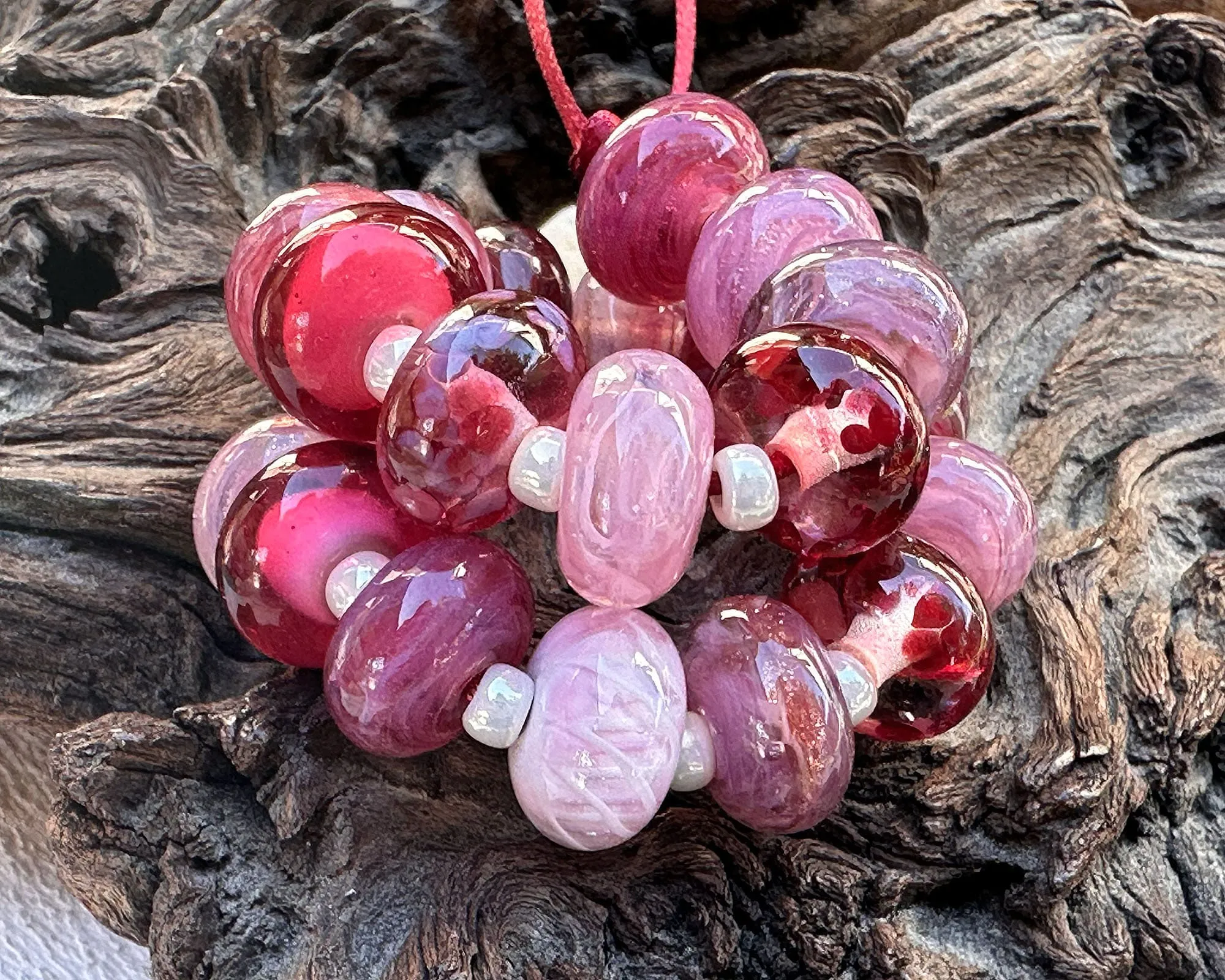 21 Pink Blossom Orphan Lampwork Beads Set SRA