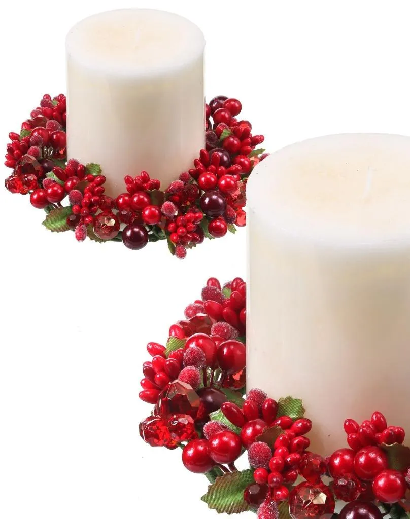 6" Red and Burgundy Pearl Berry and Jewel Pillar and Votive Holder Candle Ring Set of 2