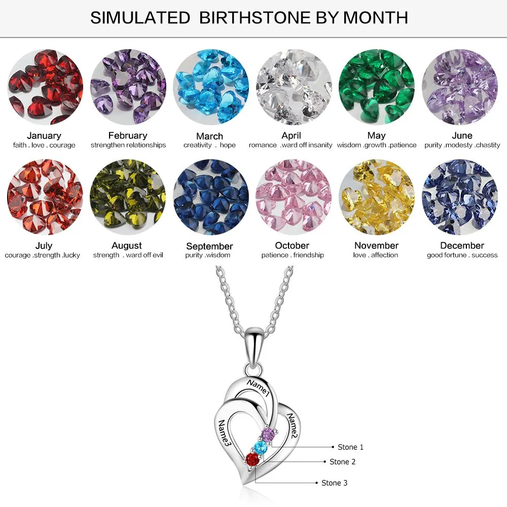 925 Sterling Silver Mothers Necklace with 3 Birthstones Romantic Name Heart Pendants