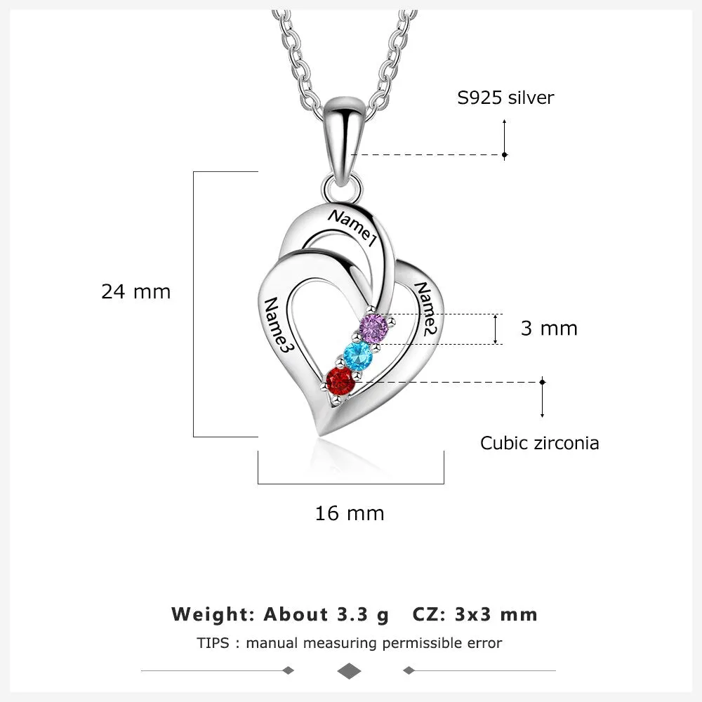 925 Sterling Silver Mothers Necklace with 3 Birthstones Romantic Name Heart Pendants