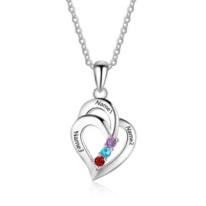 925 Sterling Silver Mothers Necklace with 3 Birthstones Romantic Name Heart Pendants