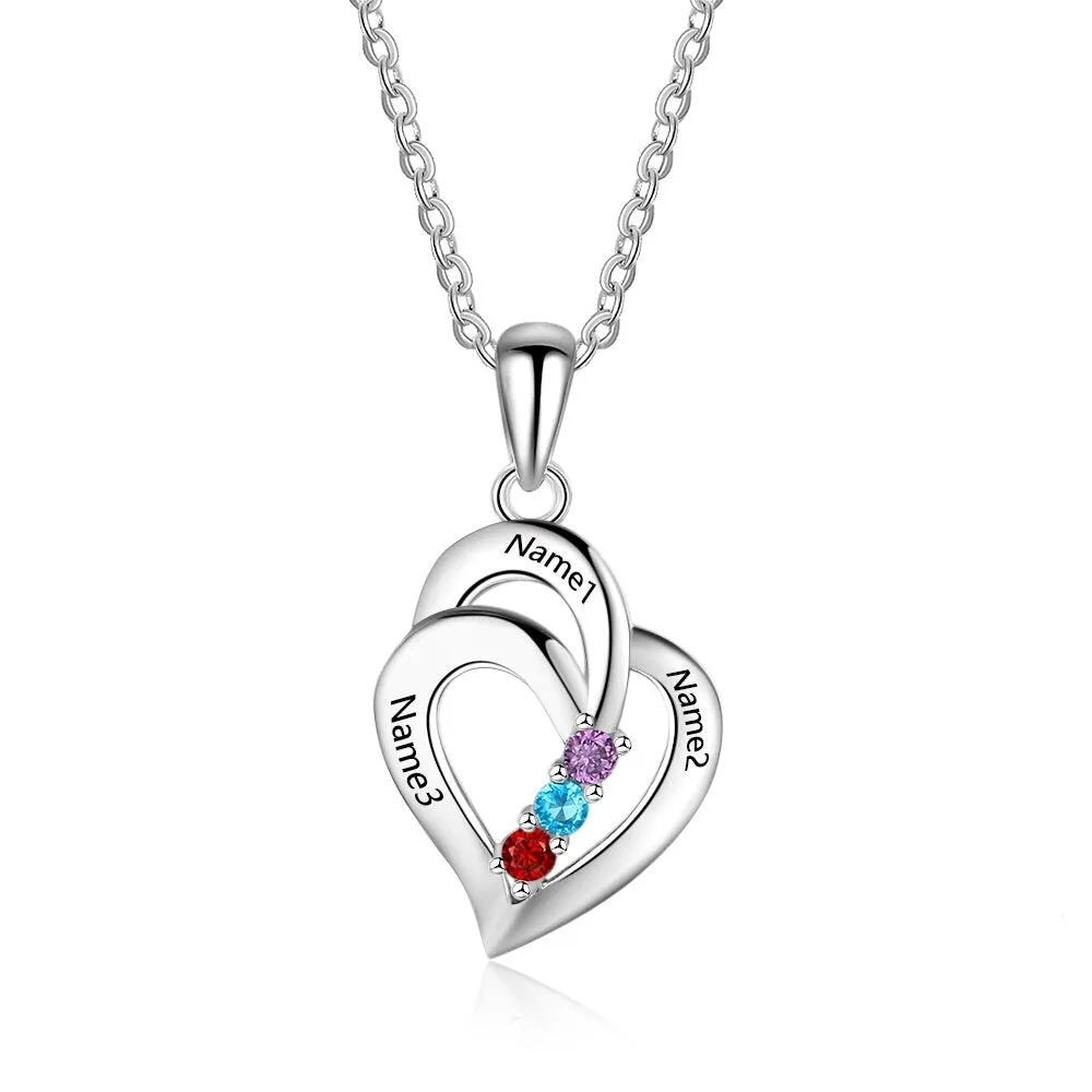 925 Sterling Silver Mothers Necklace with 3 Birthstones Romantic Name Heart Pendants