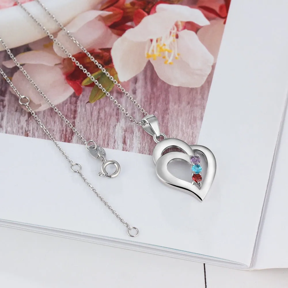 925 Sterling Silver Mothers Necklace with 3 Birthstones Romantic Name Heart Pendants