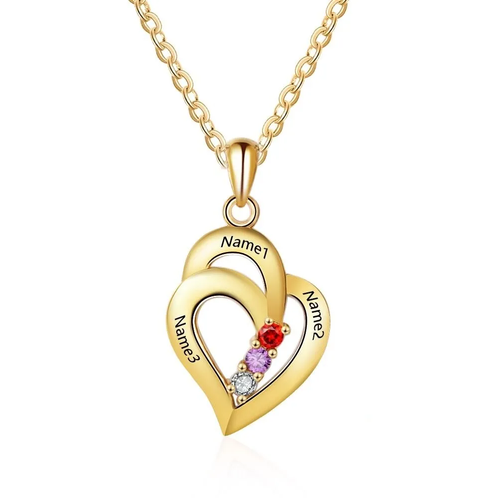 925 Sterling Silver Mothers Necklace with 3 Birthstones Romantic Name Heart Pendants