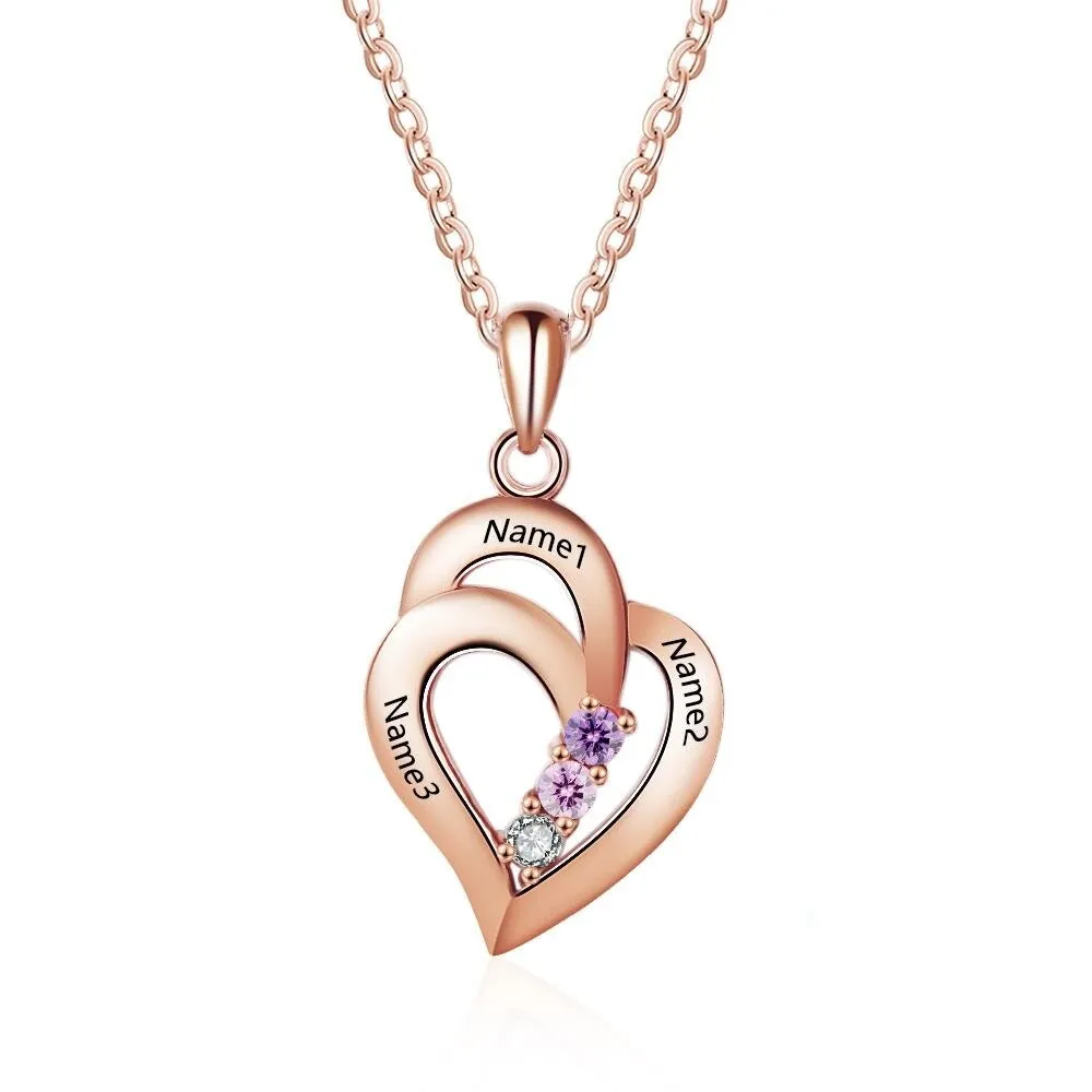 925 Sterling Silver Mothers Necklace with 3 Birthstones Romantic Name Heart Pendants