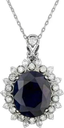 9.30Ct Natural Sapphire and Diamond 14K Solid White Gold Necklace