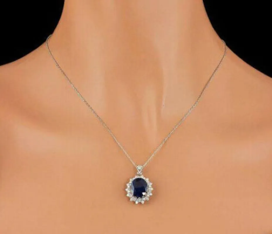 9.30Ct Natural Sapphire and Diamond 14K Solid White Gold Necklace