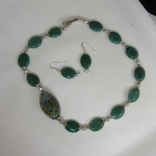 Amazonite Bead Necklace & Earrings with Handmade Artisan Bead