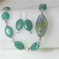 Amazonite Bead Necklace & Earrings with Handmade Artisan Bead