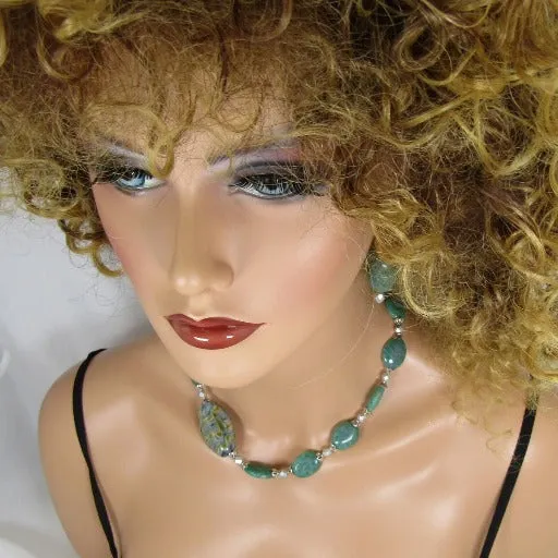 Amazonite Bead Necklace & Earrings with Handmade Artisan Bead