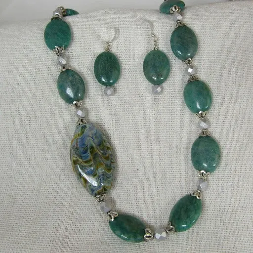 Amazonite Bead Necklace & Earrings with Handmade Artisan Bead