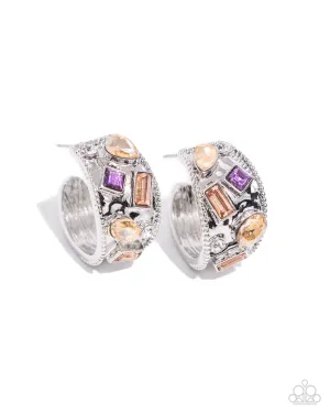 Antique Dealer - Multi - Purple and Peach Rhinestone Silver Hammered Paparazzi Hoop Earrings