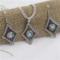 Aqua Crystal Rhinestone & Silver Pendant Necklace & Earrings