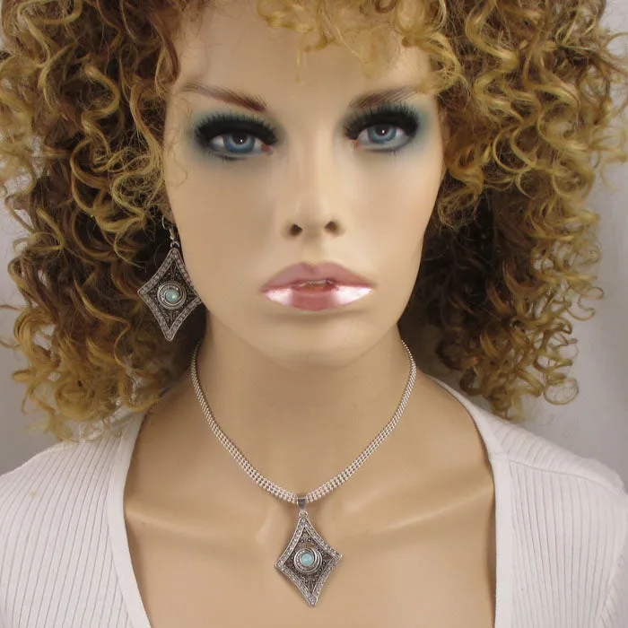 Aqua Crystal Rhinestone & Silver Pendant Necklace & Earrings