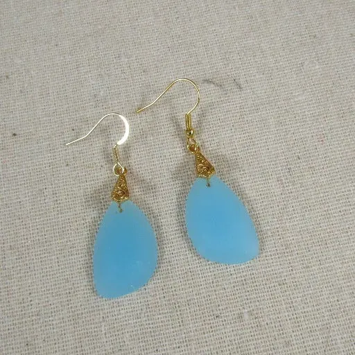 Aqua Sea Glass & Gold Earrings Ocean Jewelry