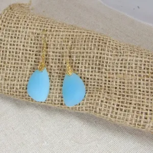 Aqua Sea Glass & Gold Earrings Ocean Jewelry